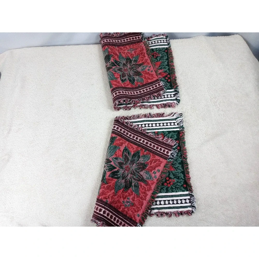 Set of 2 Christmas Poinsettia Woven‎ Tapestry Placemats Fringed Holiday Table